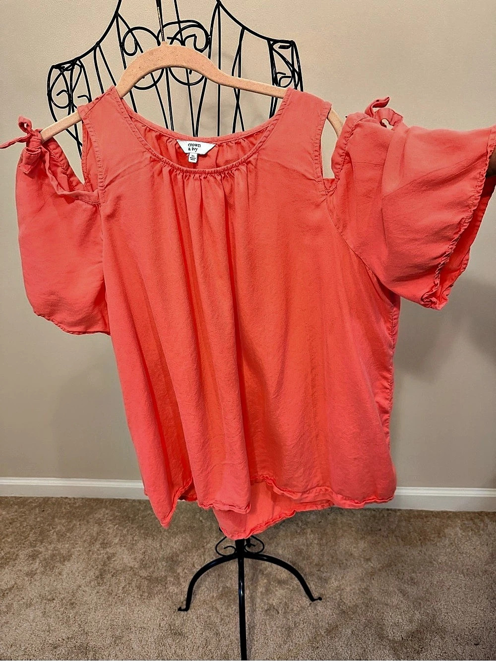 Crown & Ivy Orange Cold Shoulder Scoop Neck Ruffle Bow Lyocell Blouse XL